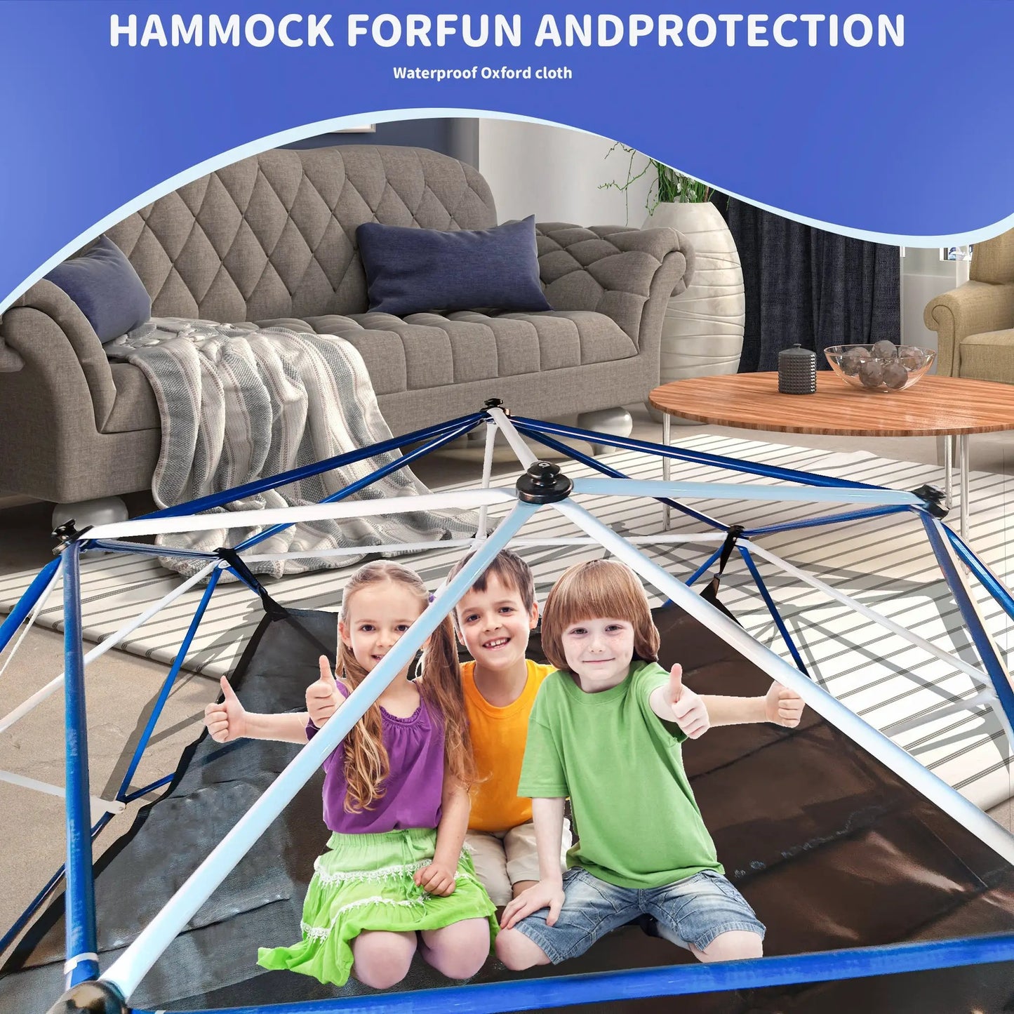 10ft Climbing Dome Jungle Gym Hammock blue metal frame with kids indoors on Tampa Home & Garden Store