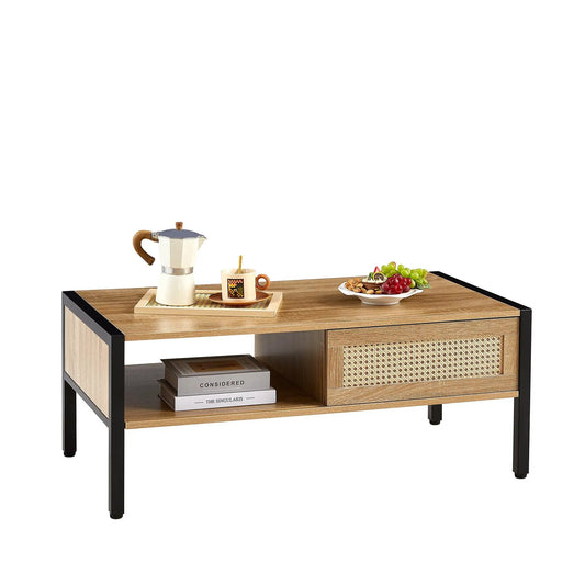40.16 inch rattan coffee table with sliding door, light wood top and black metal frame on Tampa Home & Garden Store