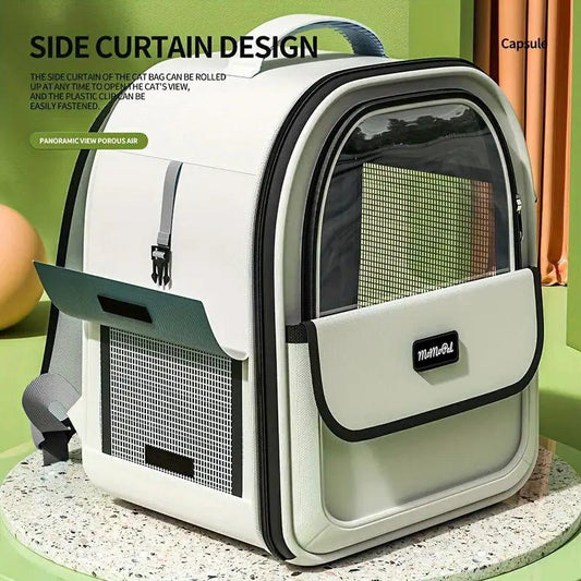 Cat portable pet backpack side opening in cream with black trim and mesh windows on Tampa Home & Garden Store
