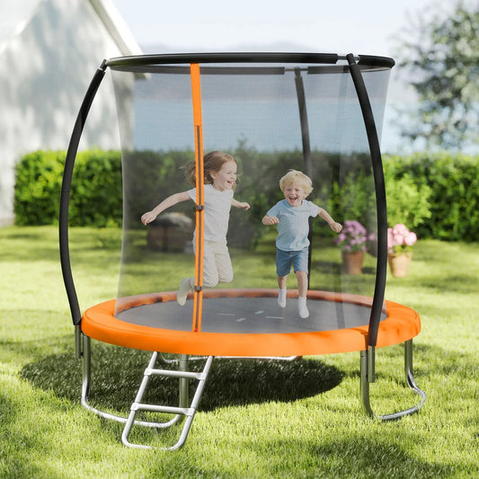 8ft Outdoor Trampoline with Curved Net Poles DirectDeals; orange edge pad, black frame on Tampa Home & Garden Store