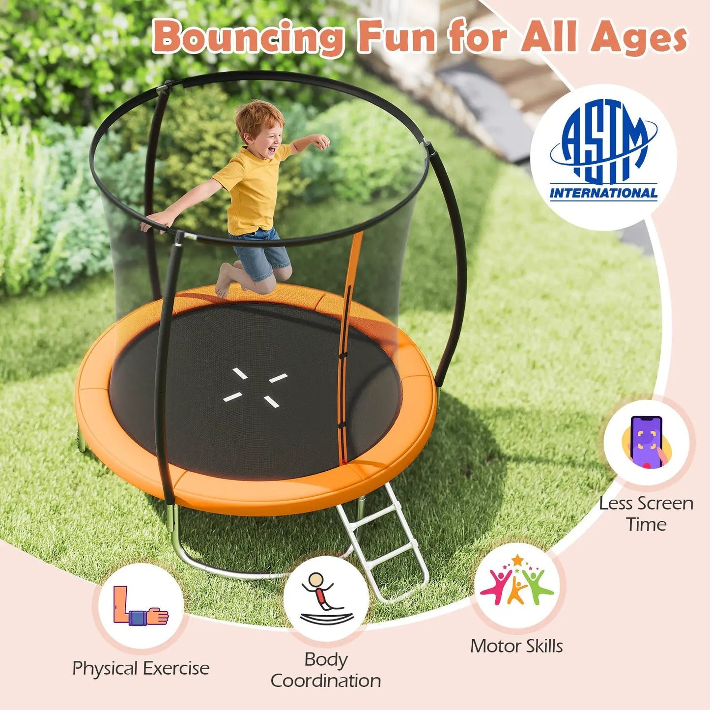 8ft Outdoor Trampoline with Curved Net Poles, orange pad, black jumping mat, DirectDeals on Tampa Home & Garden Store