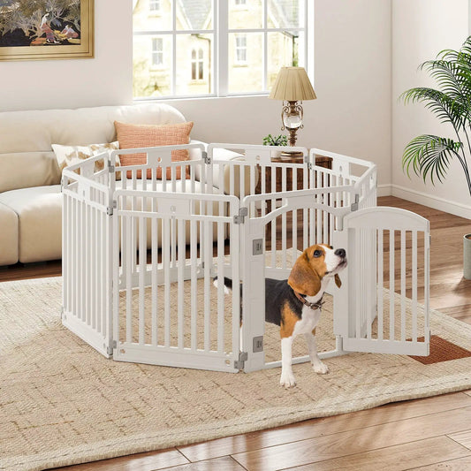 White 8-panel tall plastic dog pen with locking door in living room; beagle nearby on Tampa Home & Garden Store