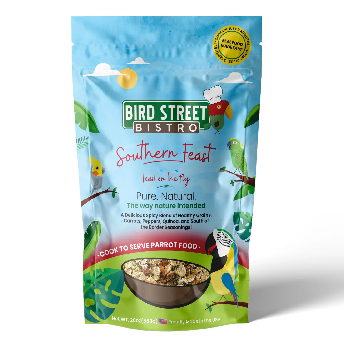 Parrot Food Southern Feast Mix All Natural from Bird Street Bistro, blue bag on Tampa Home & Garden Store