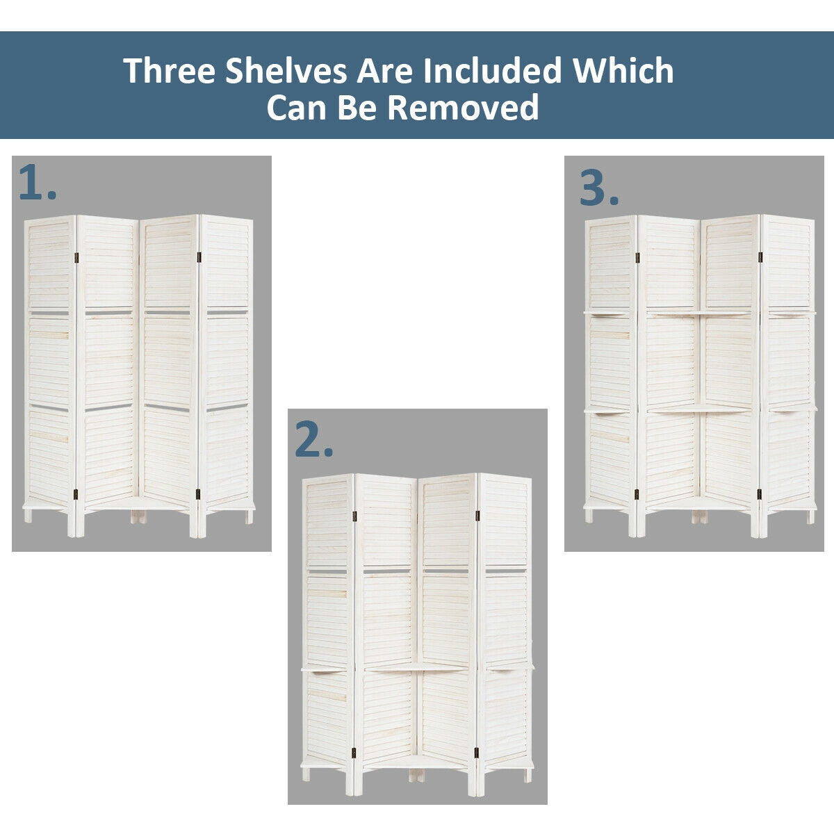 4 Panel Folding Room Divider Screen with 3 Display Shelves-White - Tampa Home & Garden Store