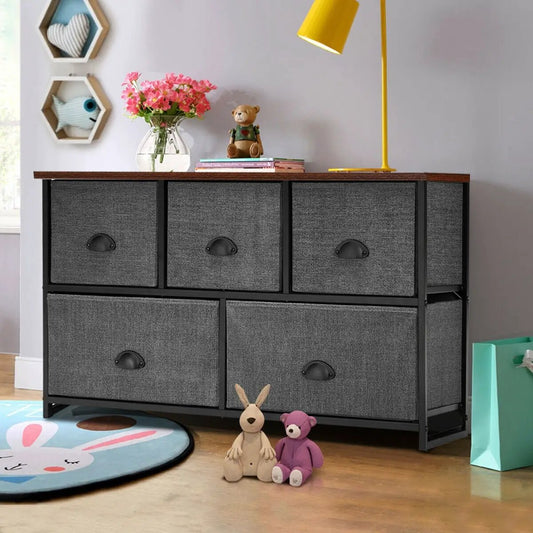 Wood Dresser Storage Unit Side Table Organizer with black frame and 5 grey fabric bins on Tampa Home & Garden Store