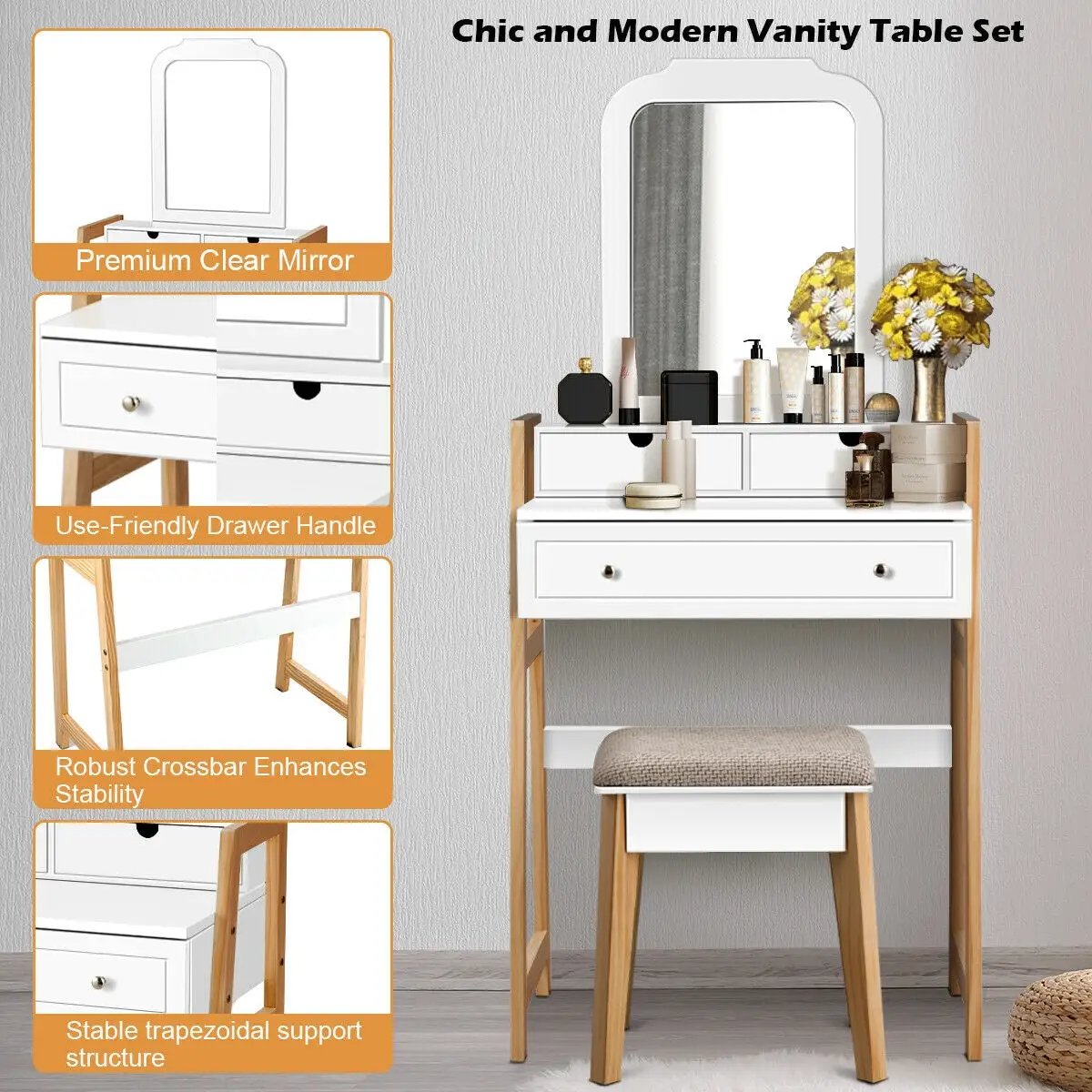 Vanity Table Set with Cushioned Stool and Mirror, white and wood legs, DirectDeals vanity on Tampa Home & Garden Store