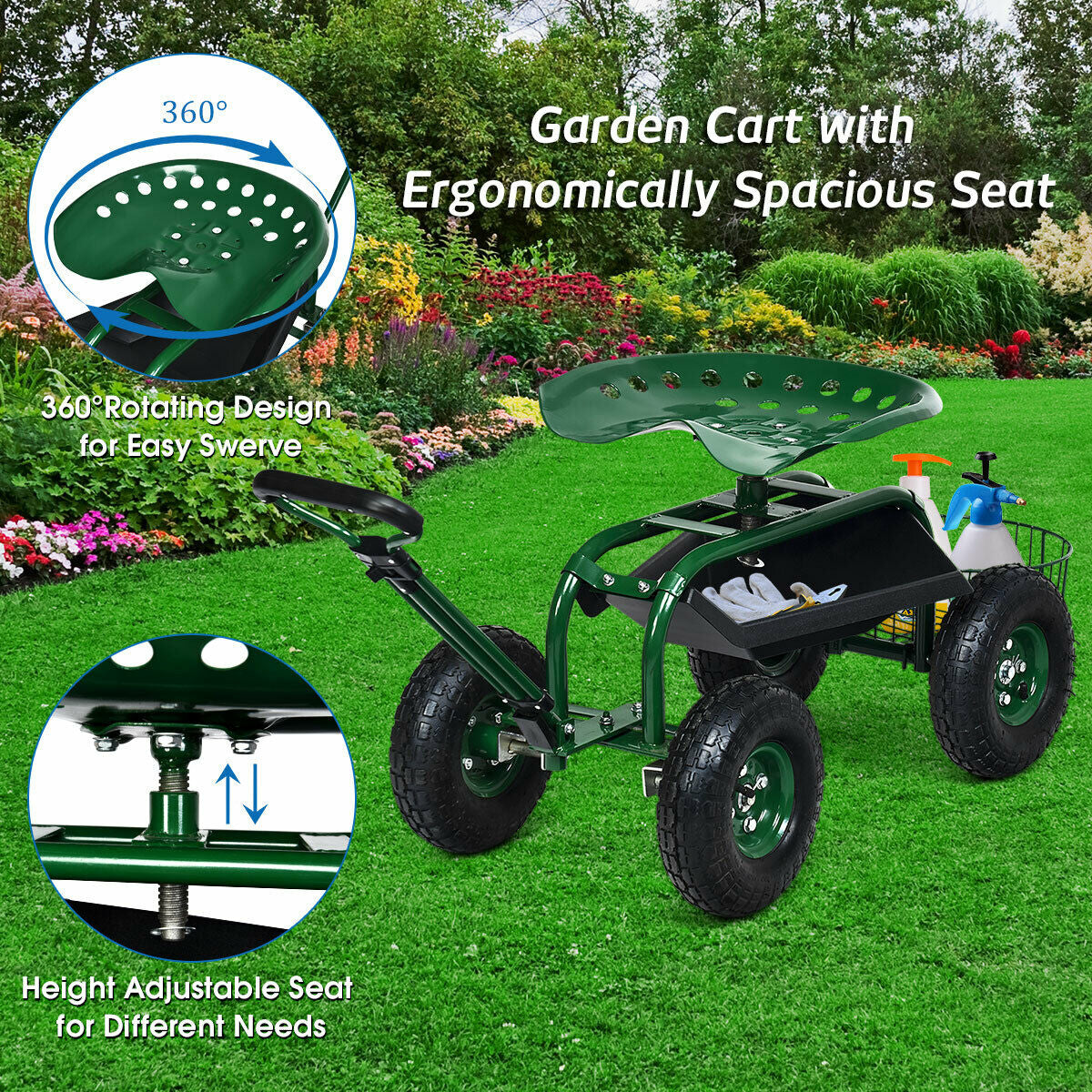 Carro de jardín de servicio pesado con bandeja de herramientas y asiento giratorio 360°-Verde