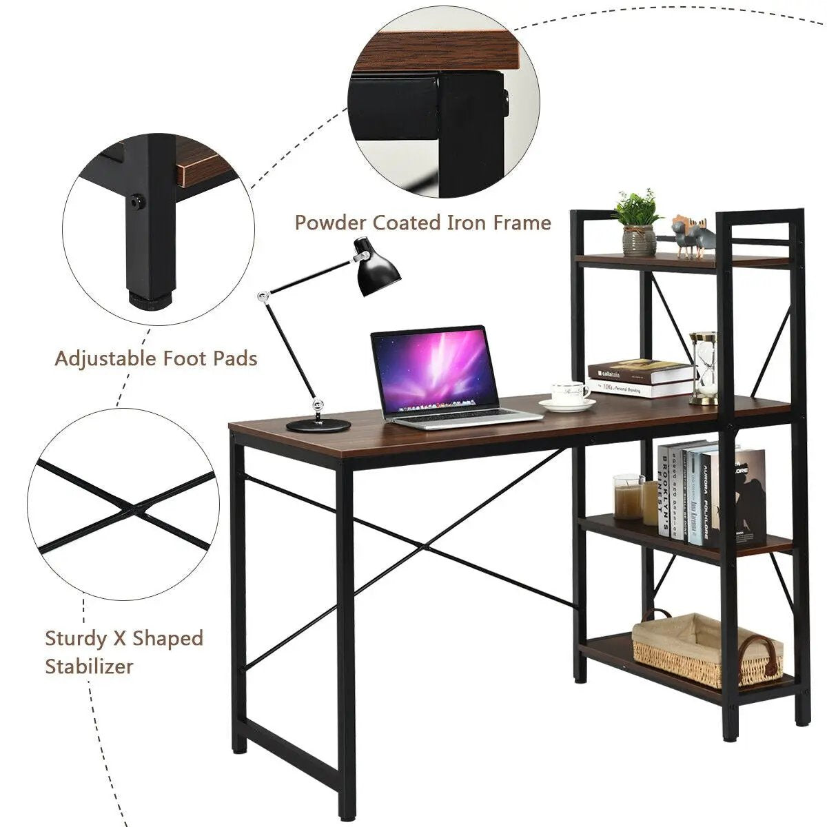 47 Inch Computer Desk with 4-Tier Shelves, black iron frame, brown top, adjustable feet on Tampa Home & Garden Store