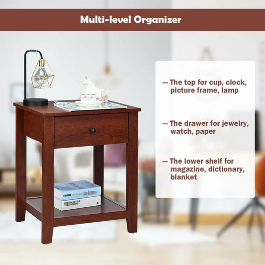 Nightstand with storage drawer and lower shelf in dark walnut finish DirectDeals on Tampa Home & Garden Store