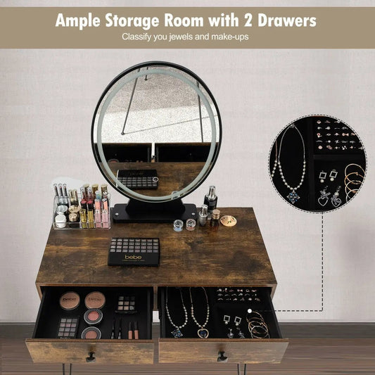 Industrial makeup table with round lighted mirror, rustic brown finish, storage drawers on Tampa Home & Garden Store
