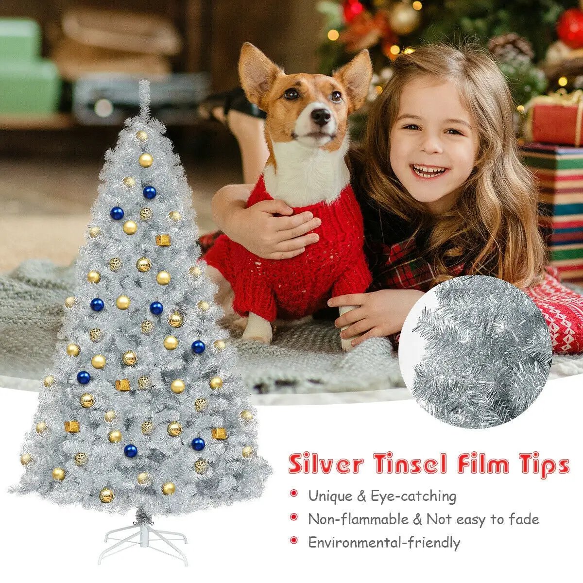 Hinged Unlit Silver Tinsel Christmas Tree, 7.5 ft, blue and gold ornaments on Tampa Home & Garden Store