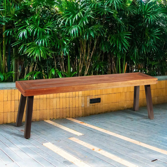 Acacia wood dining bench with steel legs in warm brown finish on Tampa Home & Garden Store
