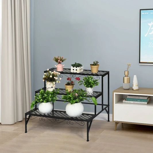 Three Tiers Metal Decorative Plant Stand with black iron frame and scrollwork for greenery on Tampa Home & Garden Store