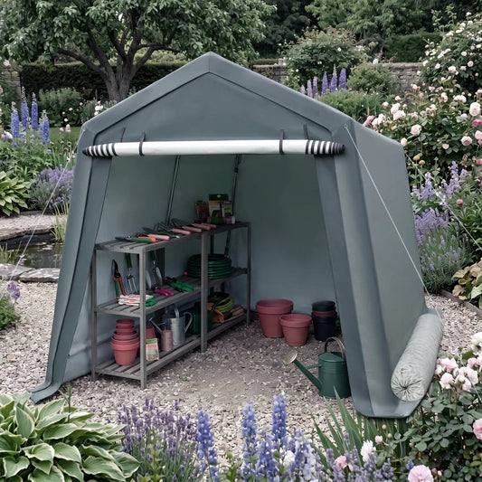 Outdoor storage shed DirectDeals 8.3 x 14 ft green with roll-up zipper door and tool shelves on Tampa Home & Garden Store
