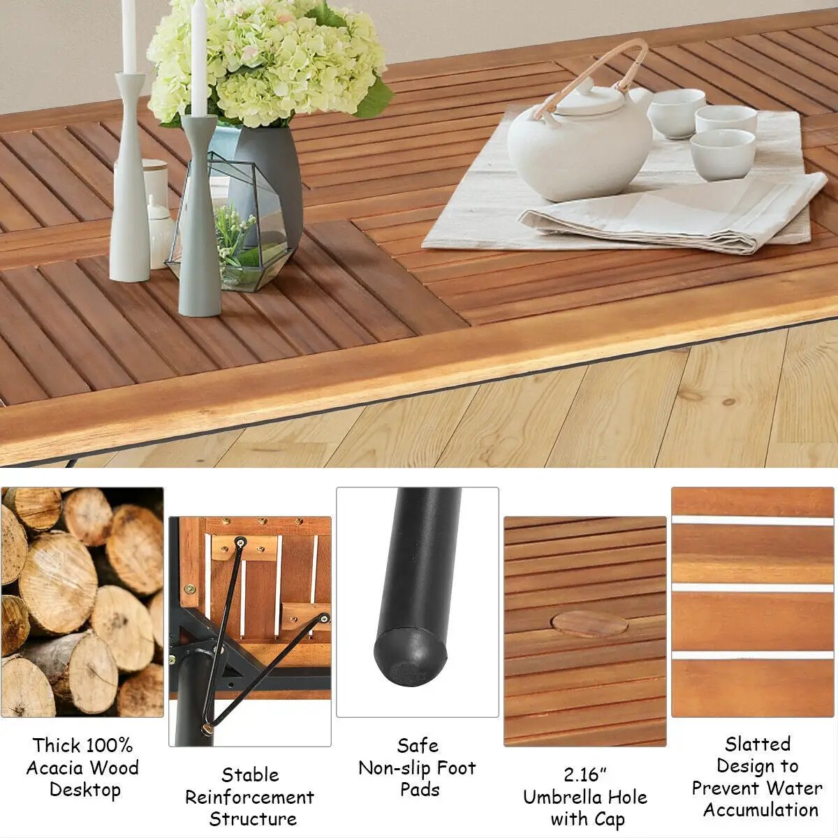 7 Piece Patio Rattan Dining Set Umbrella Hole outdoor furniture on a wooden slatted table on Tampa Home & Garden Store
