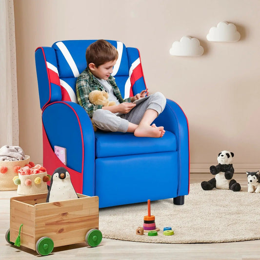 Kids blue leather recliner chair with red trim and white accents and side pockets on Tampa Home & Garden Store