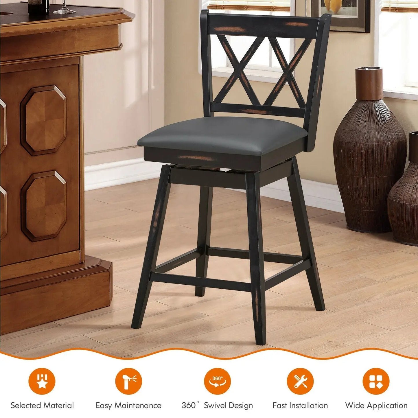 2-Piece black swivel counter height barstool set with gray cushioned seats on Tampa Home & Garden Store