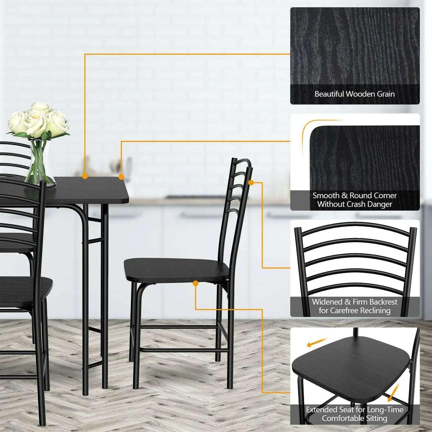 5 Piece Wood Rectangular Dining Table Set with dark wood grain top and black metal chairs on Tampa Home & Garden Store