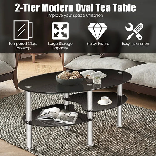 Tempered glass oval coffee table with storage and chrome legs in black finish DirectDeals on Tampa Home & Garden Store