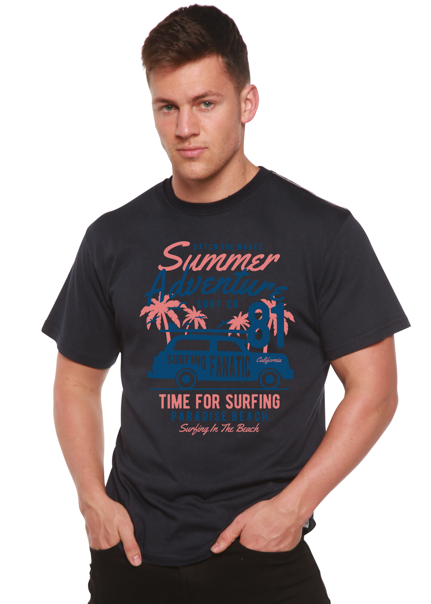Sammer Adventure Spun Bamboo men's graphic tee navy with pink palm trees and blue car motif on Tampa Home & Garden Store
