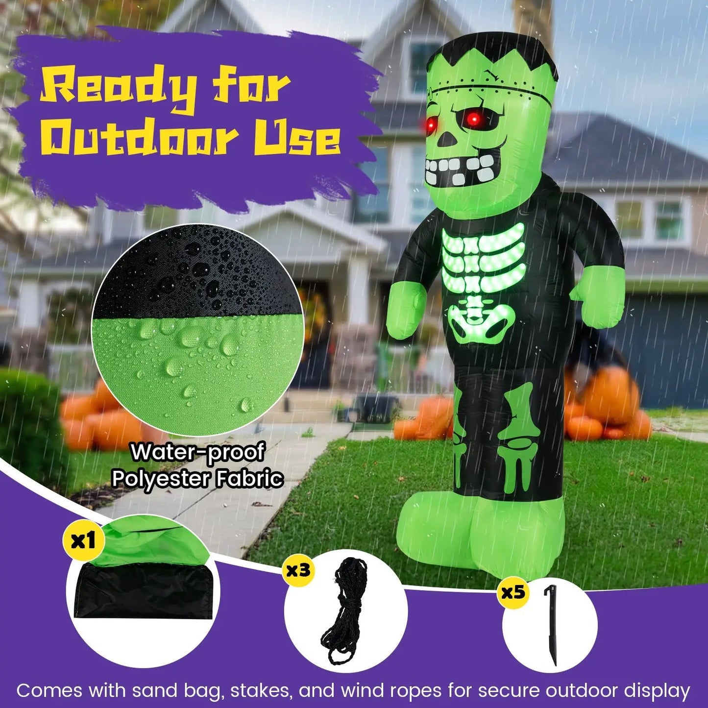 8.4 ft Frankenstein inflatable in neon green with black accents; waterproof polyester on Tampa Home & Garden Store