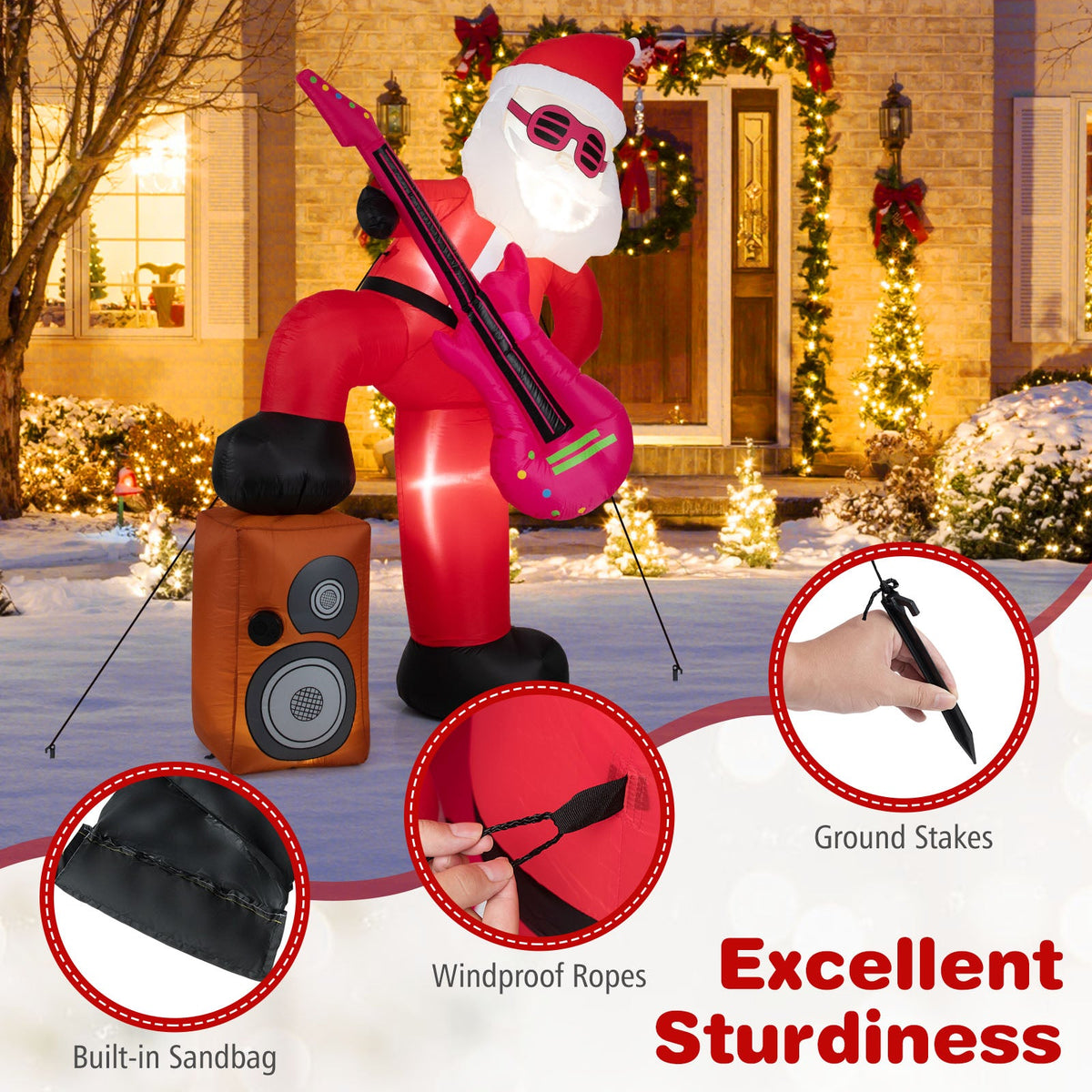 8.4 ft Inflatable Santa Claus with pink guitar, LED lights, sound-synced effects on Tampa Home & Garden Store