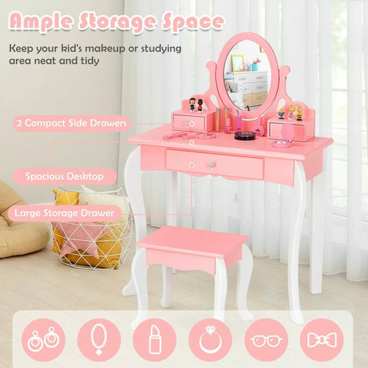 Pink kids vanity set with mirror, two compact side drawers and stool by DirectDeals on Tampa Home & Garden Store