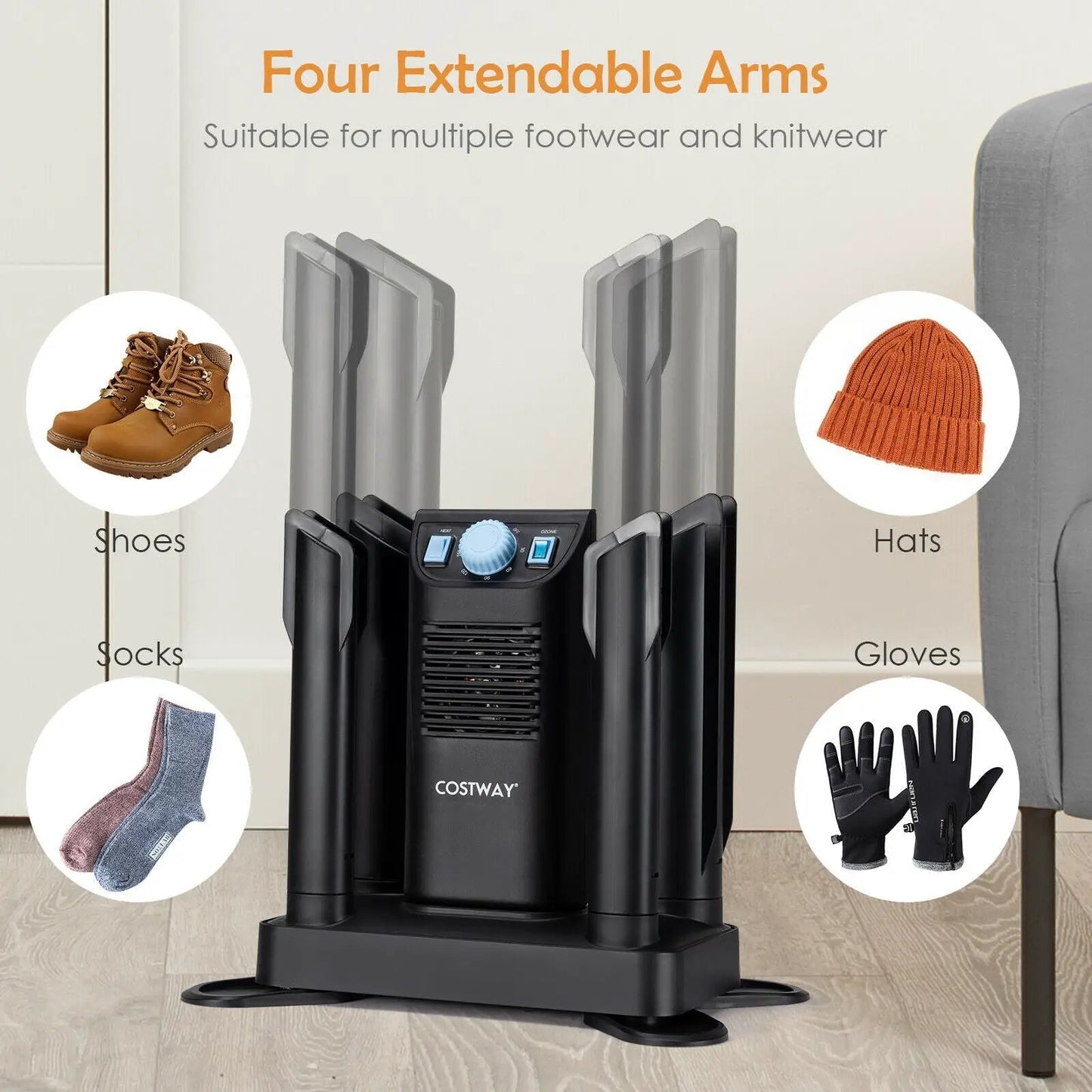 COSTWAY four-shoe electric dryer with ozone, black tower with four extendable drying arms on Tampa Home & Garden Store