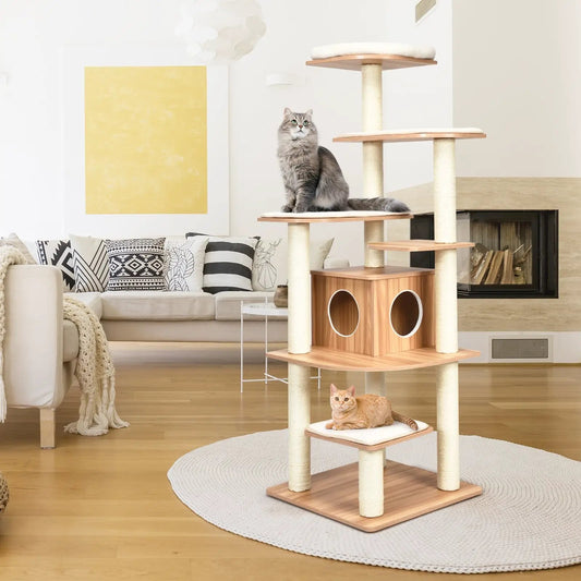 7-layer wooden cat tree with sisal posts, natural wood finish, two cats perched on platforms on Tampa Home & Garden Store