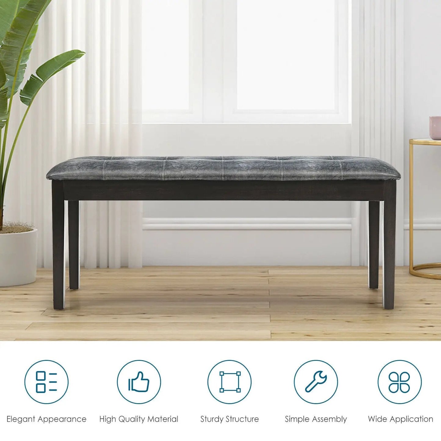 Upholstered PU dining bench with button tufting in gray on dark wood legs on Tampa Home & Garden Store