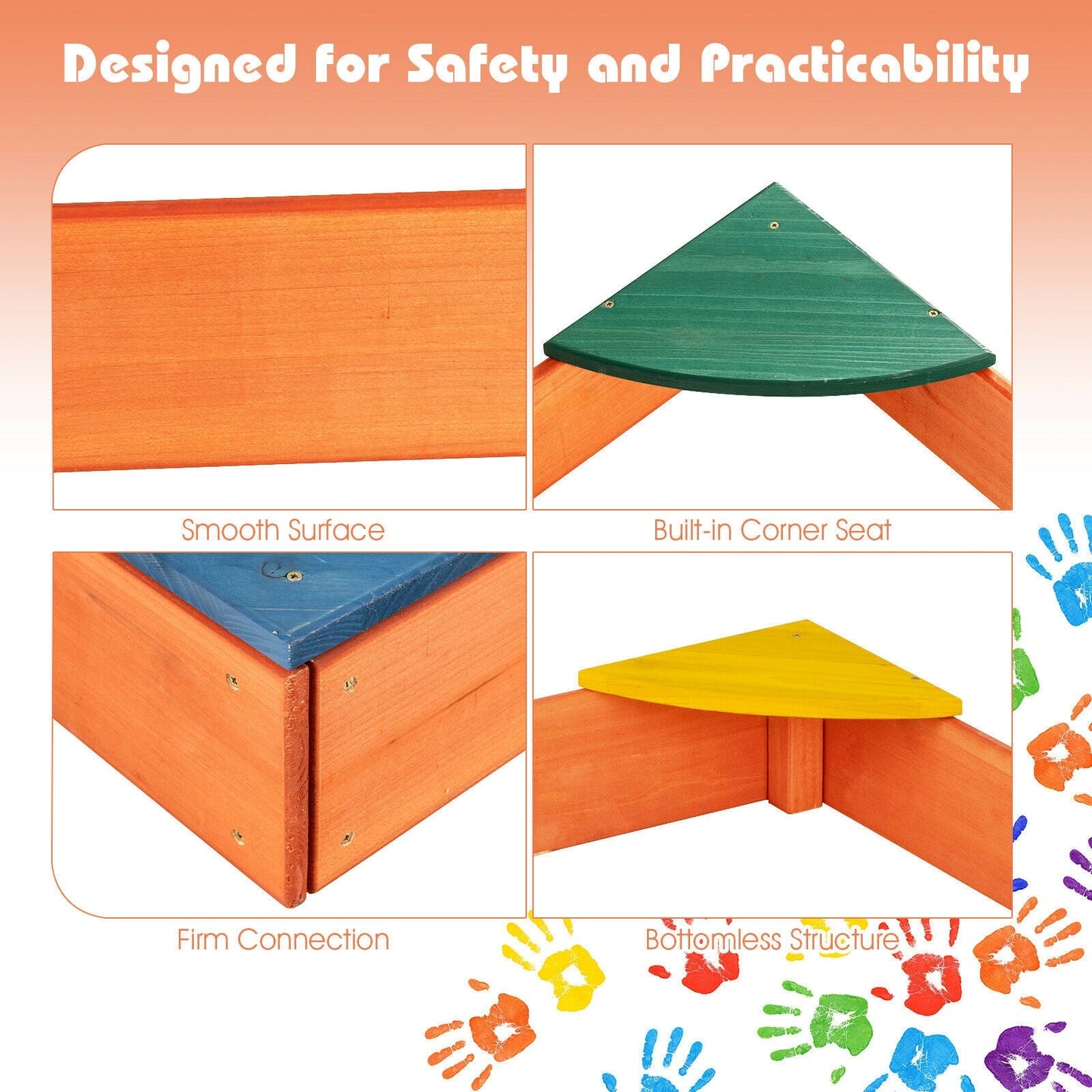 Kids Outdoor Wooden Sandbox with Corner Seating orange wood and green seat DirectDeals sand table on Tampa Home & Garden Store