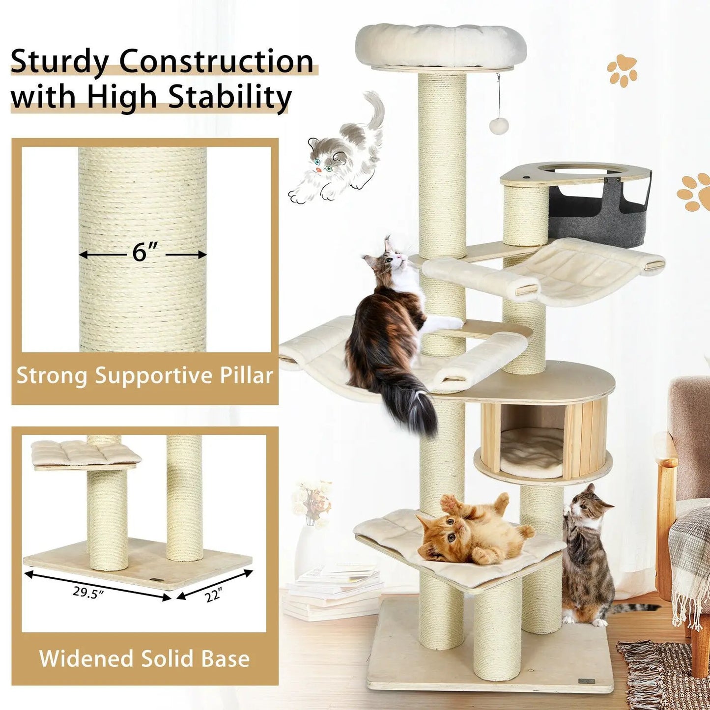 77.5-Inch cream white cat tree condo tower with sisal posts and hanging toy on 29.5x22 base on Tampa Home & Garden Store