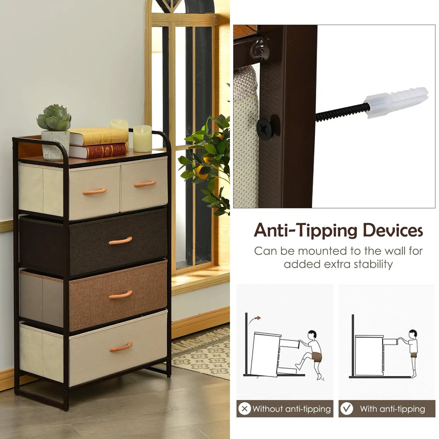 4-Tier organizer tower with steel frame and 5 beige fabric drawers on Tampa Home & Garden Store