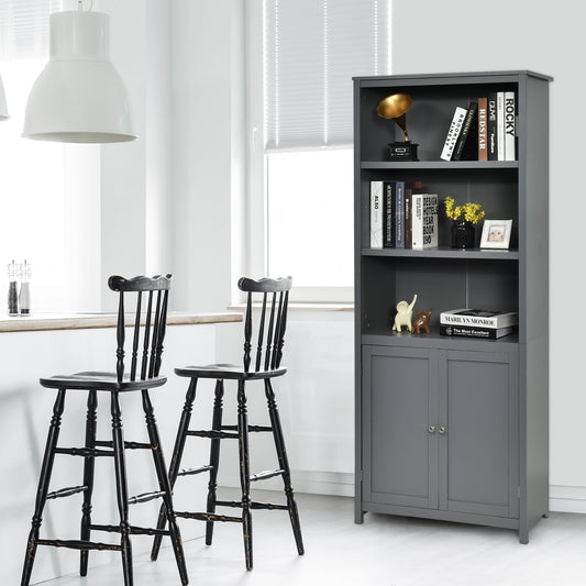 Bookcase Shelving Storage Wooden Cabinet Unit Standing Display Bookcase with Doors-Gray