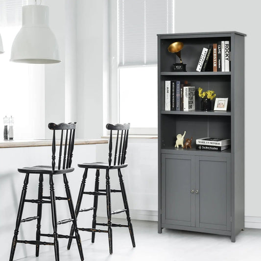 Bookcase Shelving Storage Wooden Cabinet Unit Standing Display Bookcase with Doors-Gray - Tampa Home & Garden Store