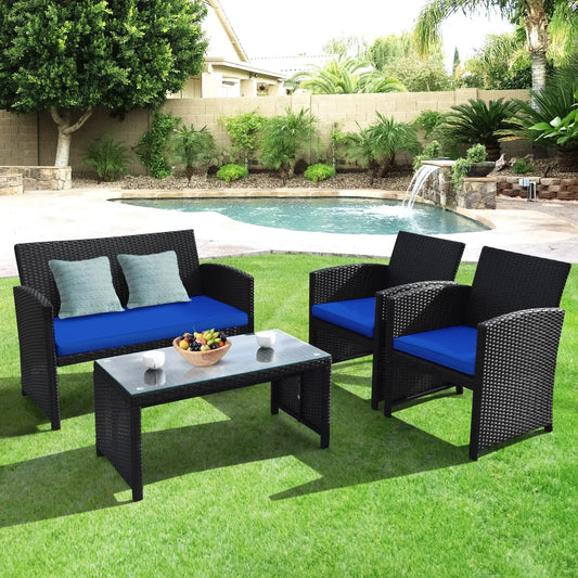 4 Pieces Rattan Patio Furniture Set with Weather Resistant Cushions and Tempered Glass Tabletop-Navy - Tampa Home & Garden Store