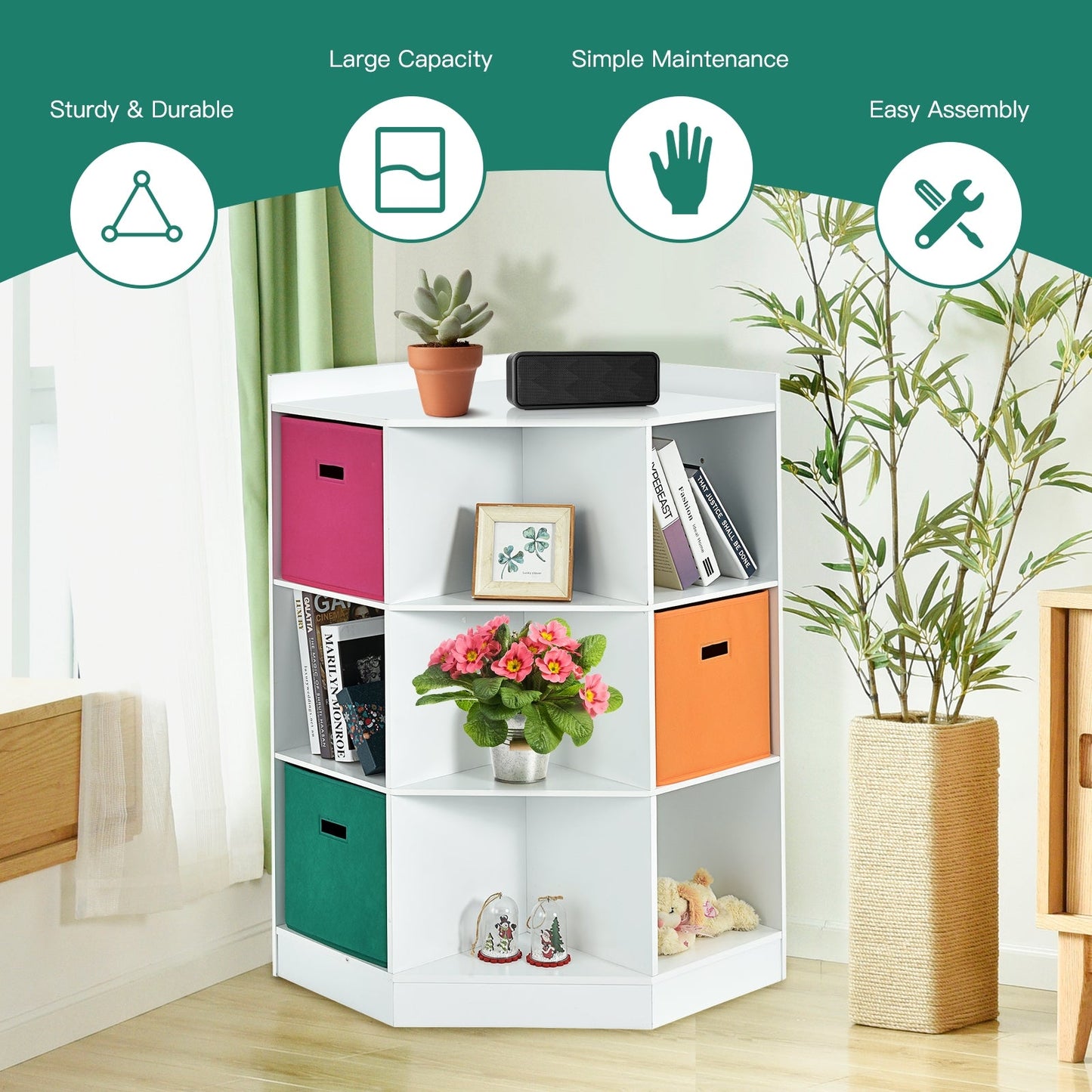 Three-tier kids storage corner cabinet with colorful fabric bins and white frame on Tampa Home & Garden Store