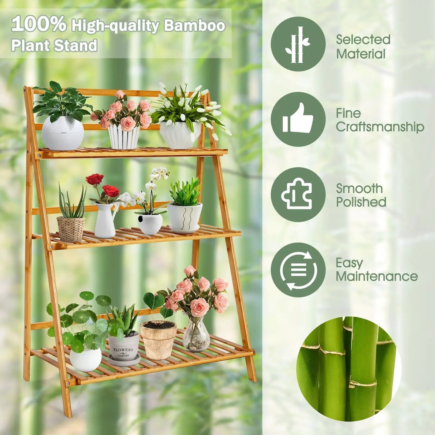 3-Tier Bamboo Foldable Plant Stand with Display Shelf Rack-Natural - Tampa Home & Garden Store