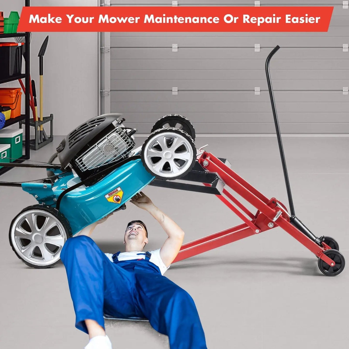 Hydraulic lawnmower lift jack for tractors in blue lifting a mower on a red frame on Tampa Home & Garden Store
