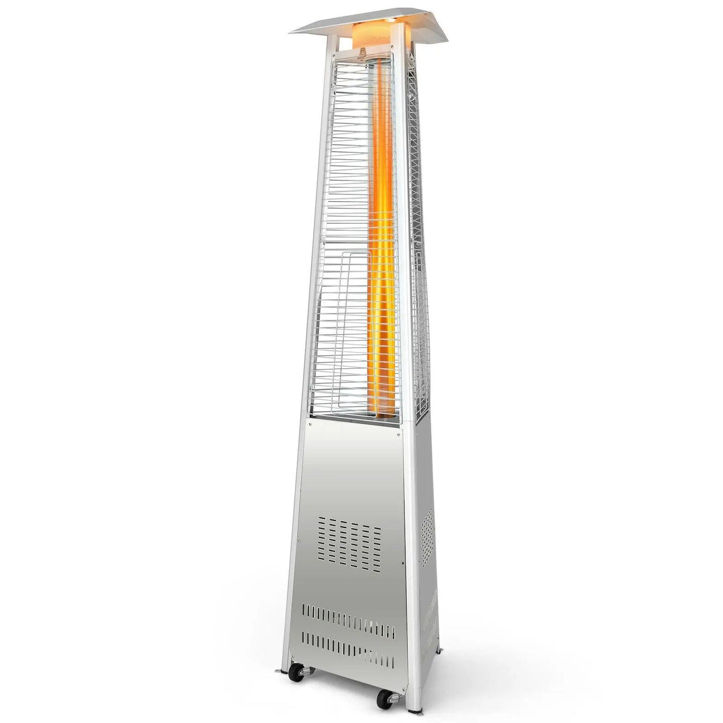 42,000 BTU pyramid patio heater on wheels stainless steel with orange glow heating tube on Tampa Home & Garden Store