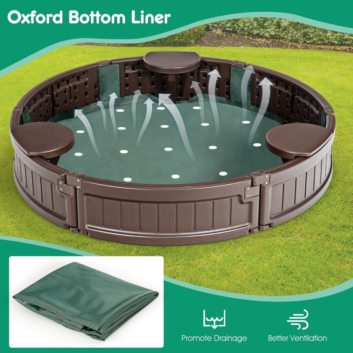 Sandbox with Built-In Corner Seats and Cover, brown round plastic with two seats and green cover on Tampa Home & Garden Store