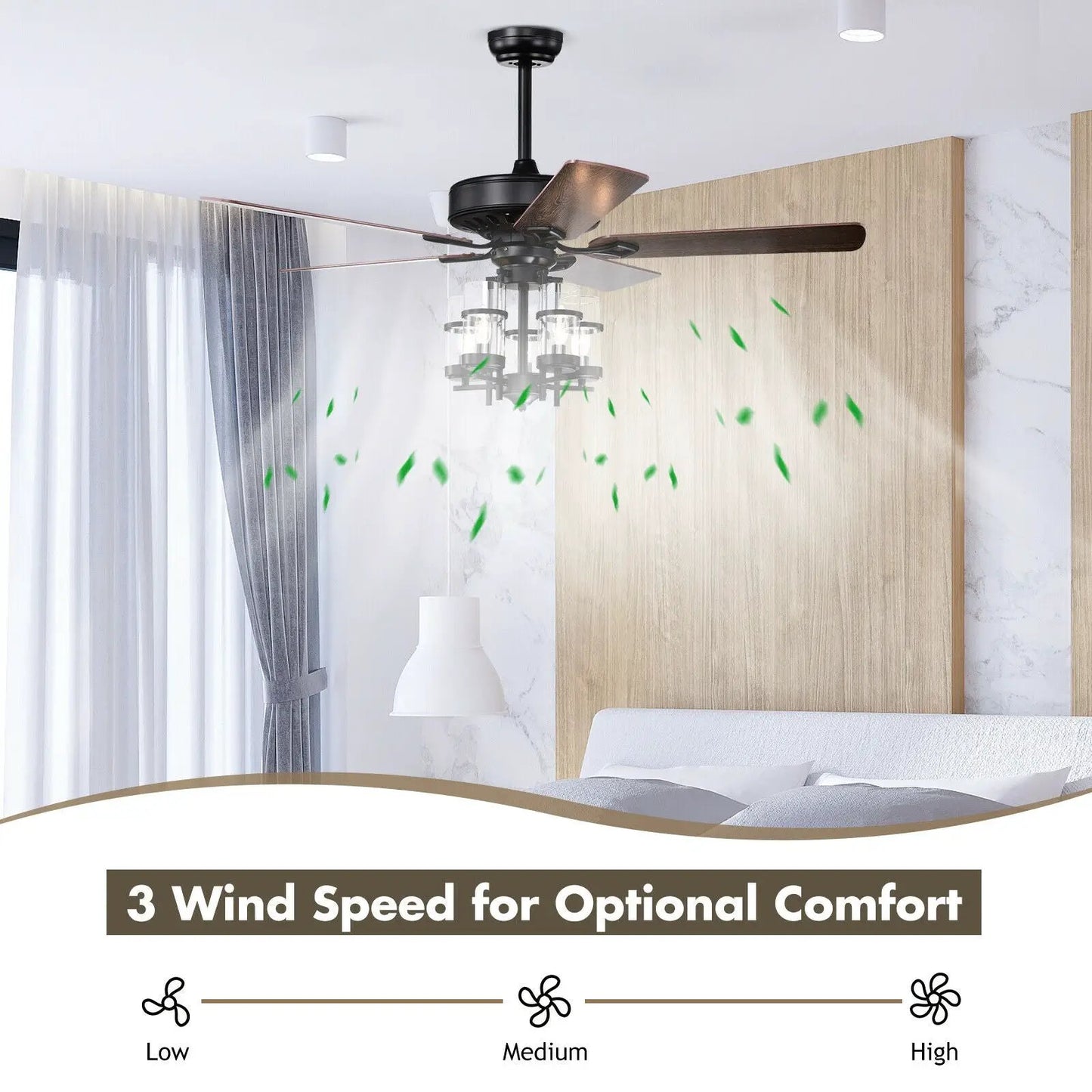 50 Inch Noiseless Ceiling Fan Light with black finish, dark wood blades, glass shade bulbs on Tampa Home & Garden Store