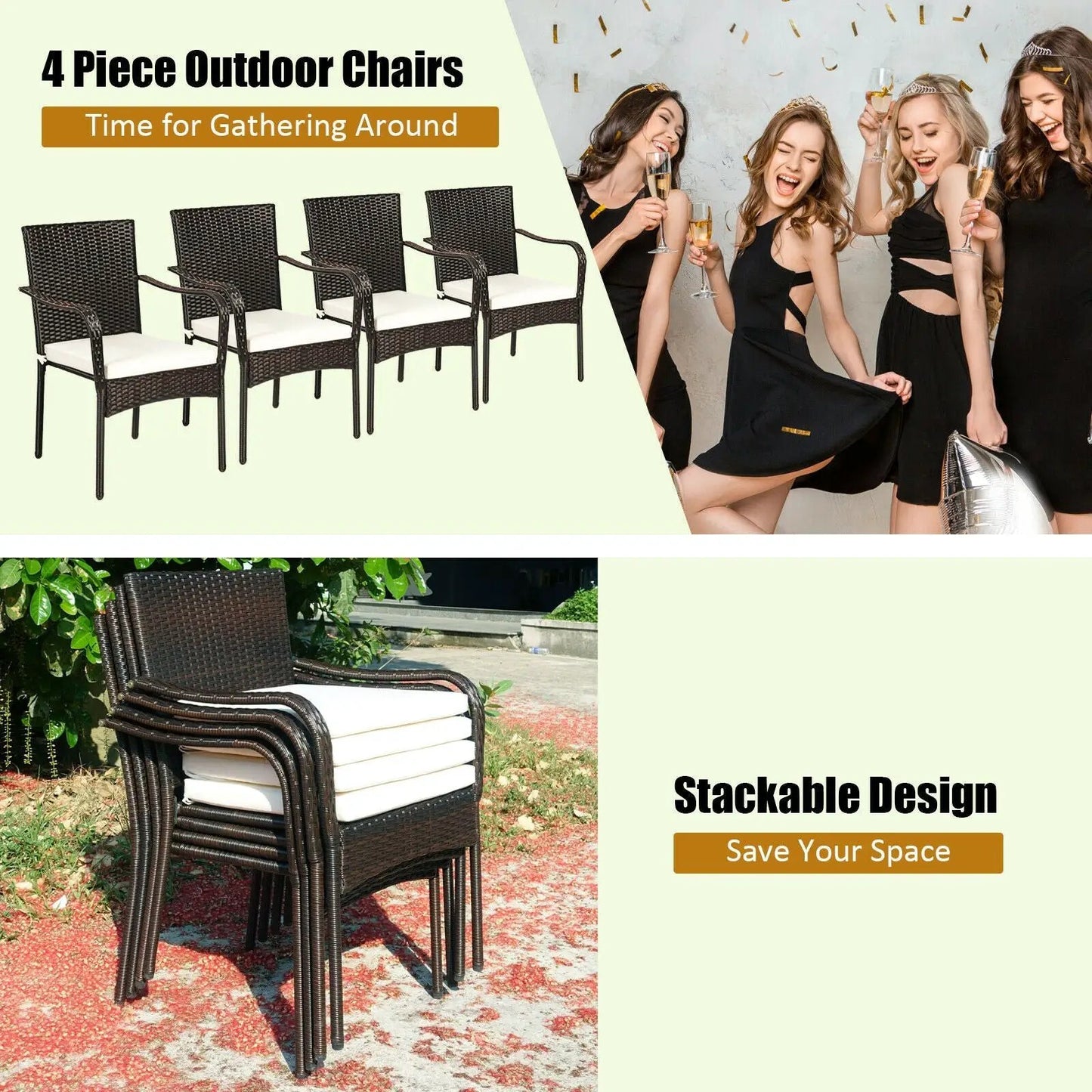 Set of 4 DirectDeals dark brown rattan stackable patio dining chairs with white cushions on Tampa Home & Garden Store