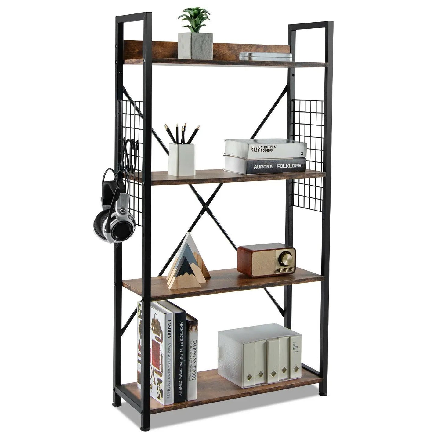 4 Tier Industrial Open Storage Bookshelf with black metal frame and coffee brown wood shelves on Tampa Home & Garden Store