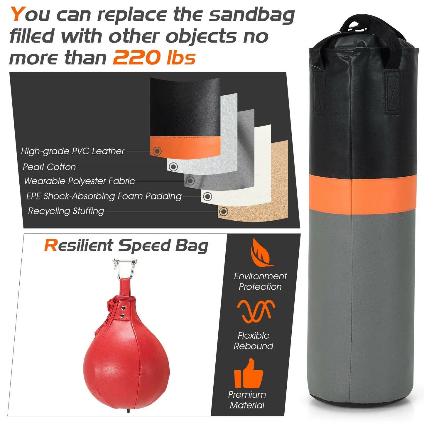 Heavy Duty Boxing Punching Stand with Heavy Bag, black bag with orange stripe DirectDeals on Tampa Home & Garden Store