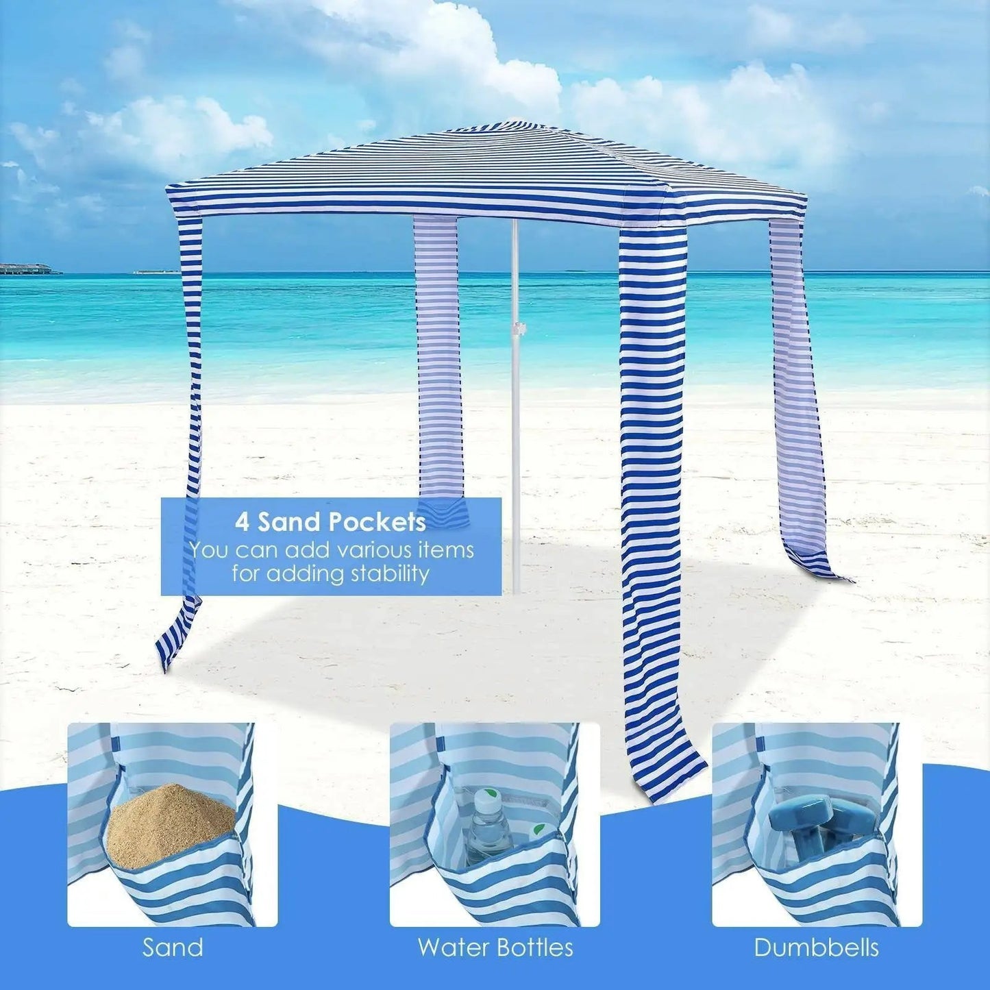 DirectDeals foldable beach canopy 6.6 x 6.6 ft blue/white striped with carry bag on beach on Tampa Home & Garden Store