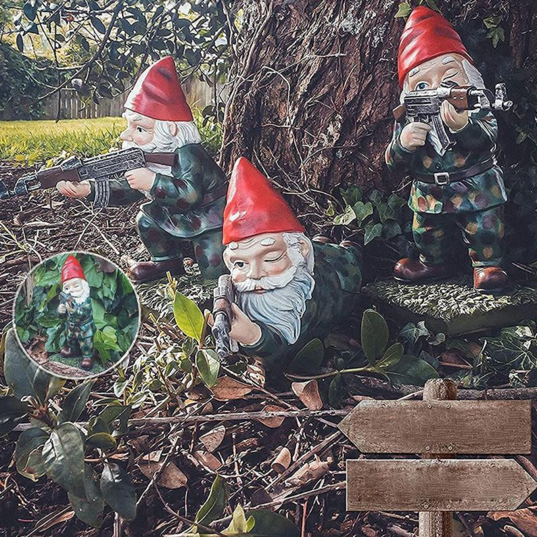 Military Garden Gnome Statue, three red-hat gnomes in camouflage with rifles by Moktan Sabai on Tampa Home & Garden Store