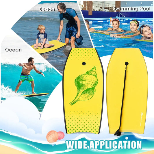 Pair of Super Lightweight Surfing Bodyboards, yellow shell graphic; DirectDeals, leash attached on Tampa Home & Garden Store