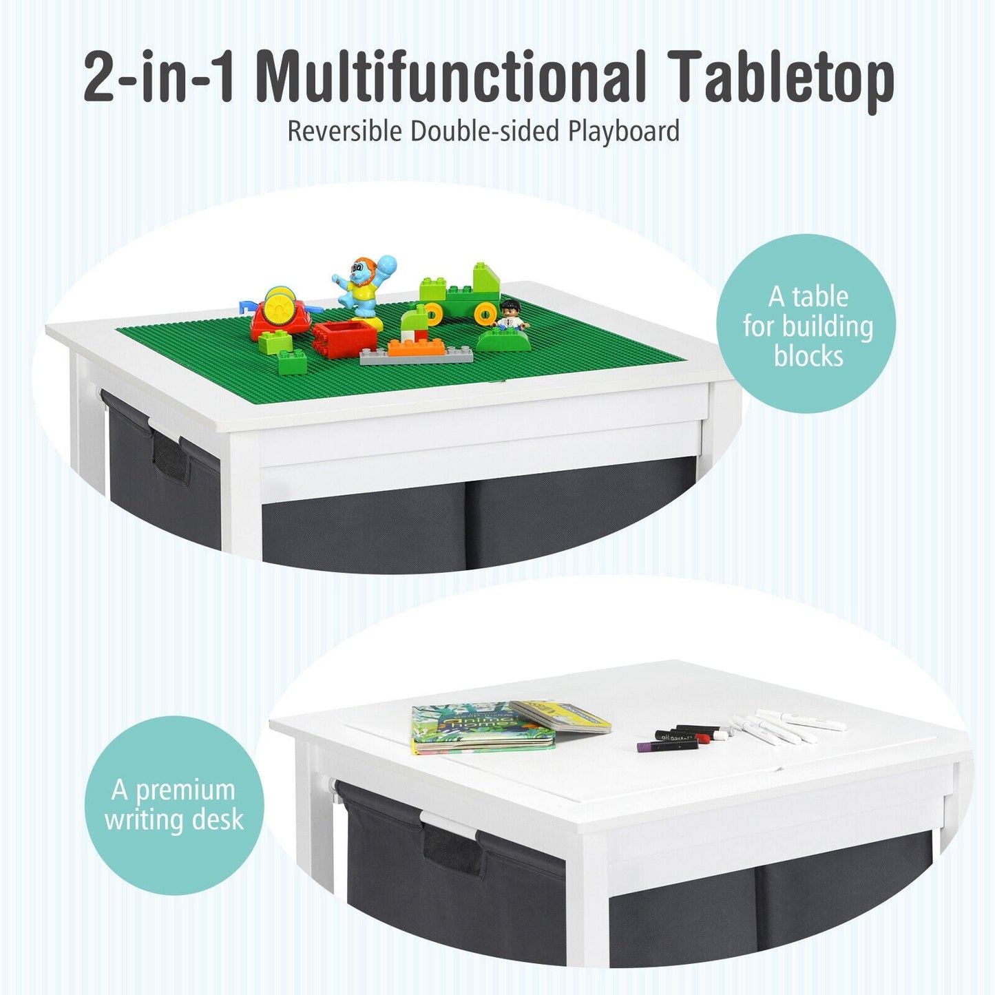 2-in-1 kids double-sided table with drawers, white frame and green LEGO base on top on Tampa Home & Garden Store