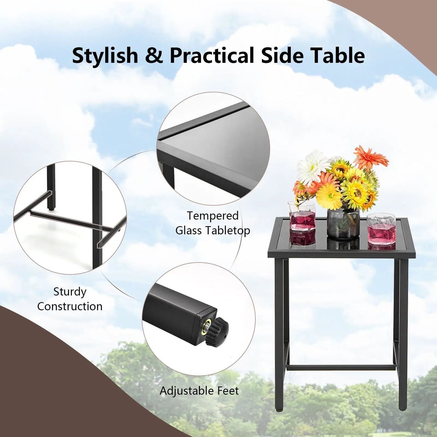 Side table with tempered glass tabletop from Three Piece Patio Rattan Rocking Furniture Set on Tampa Home & Garden Store